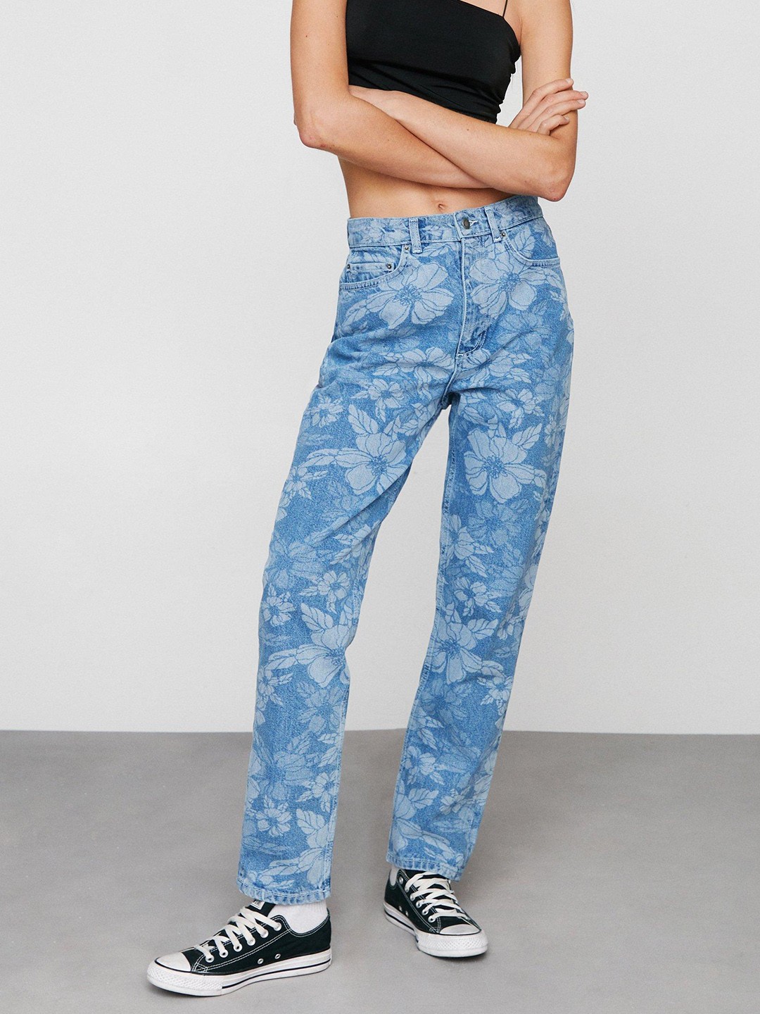 

NASTY GAL Women Straight Fit Printed Jeans, Blue