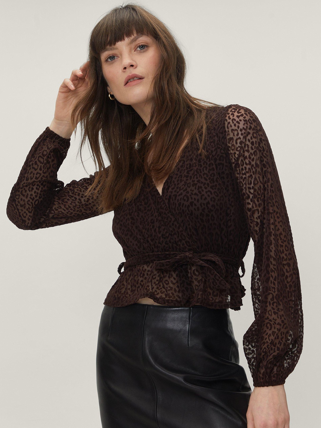 

NASTY GAL Animal Print Wrap Top, Coffee brown