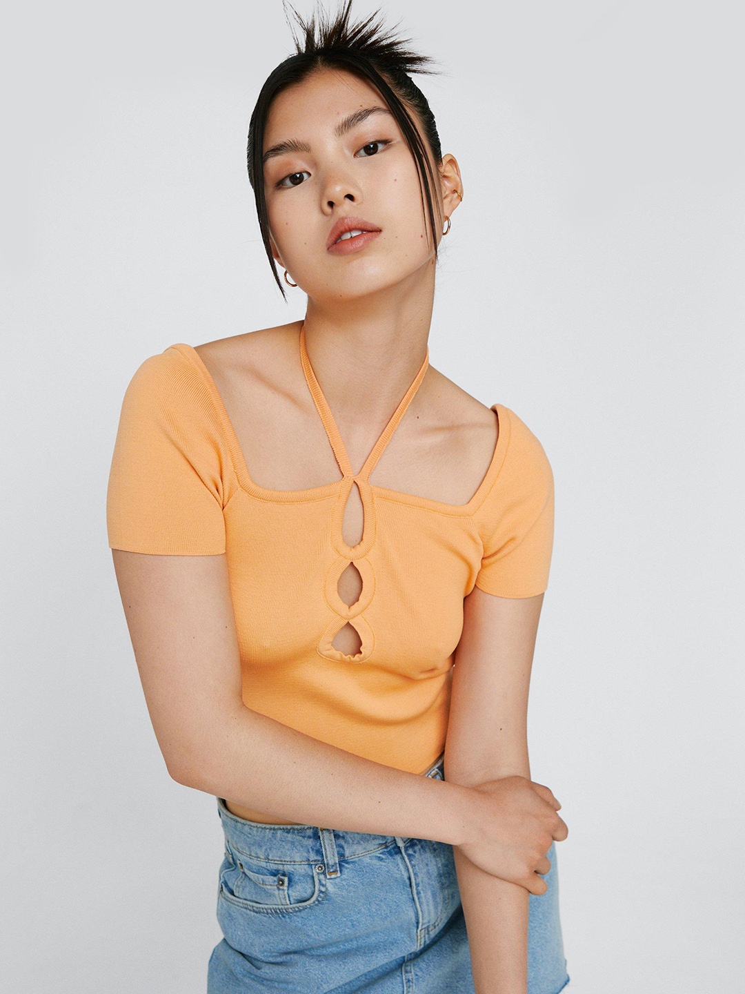 

NASTY GAL Cut Out Detail Crop Top, Peach