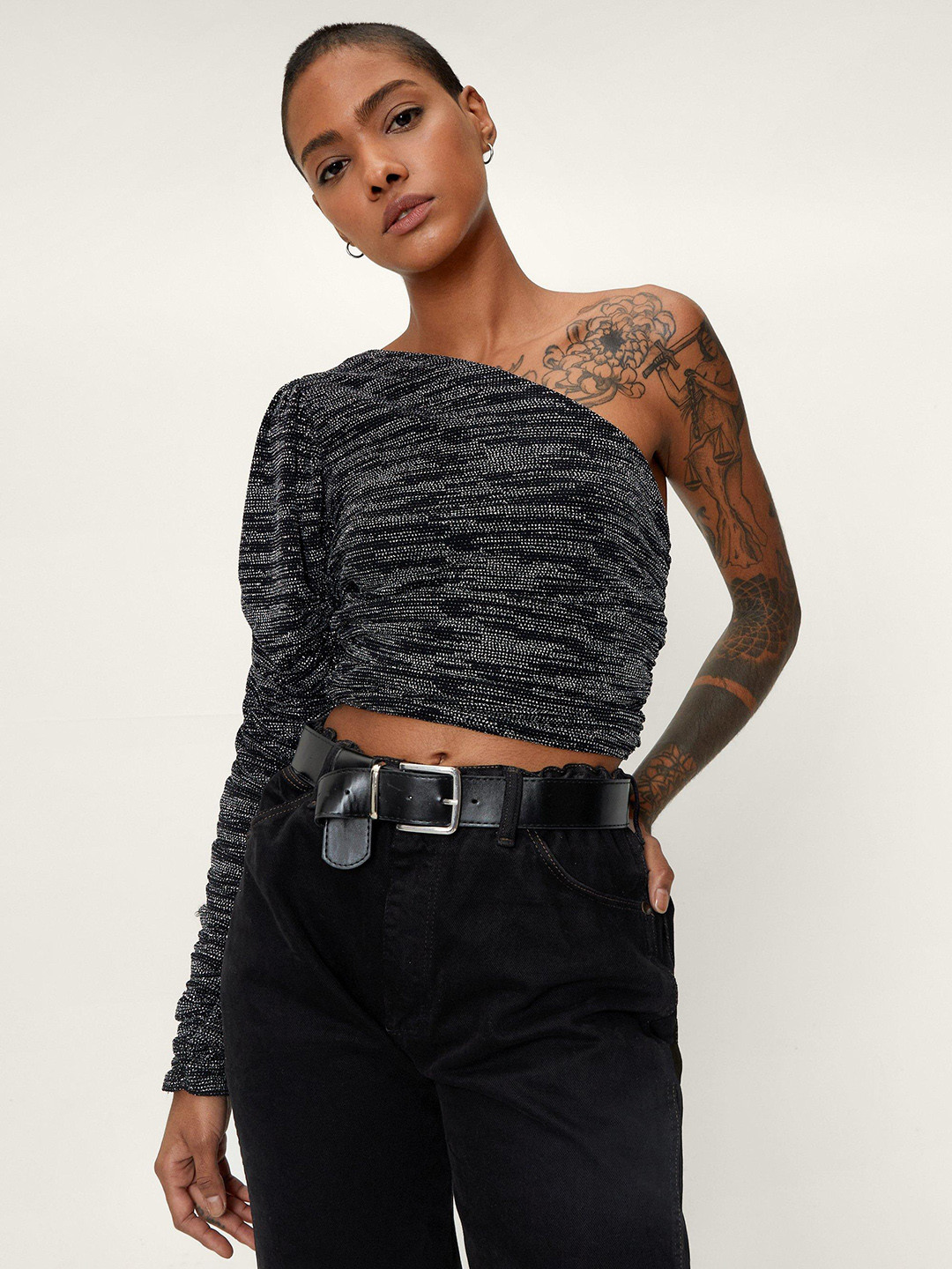 

NASTY GAL Embellished One Shoulder Crop Top, Black