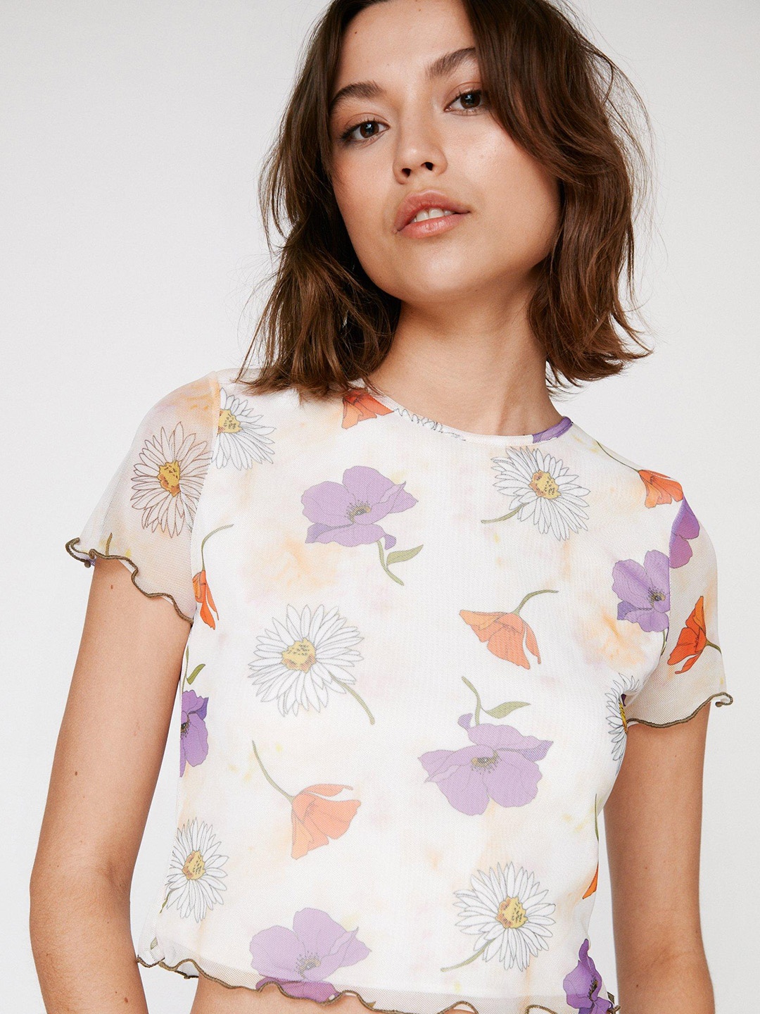 

NASTY GAL Floral Print Crop Top, Cream