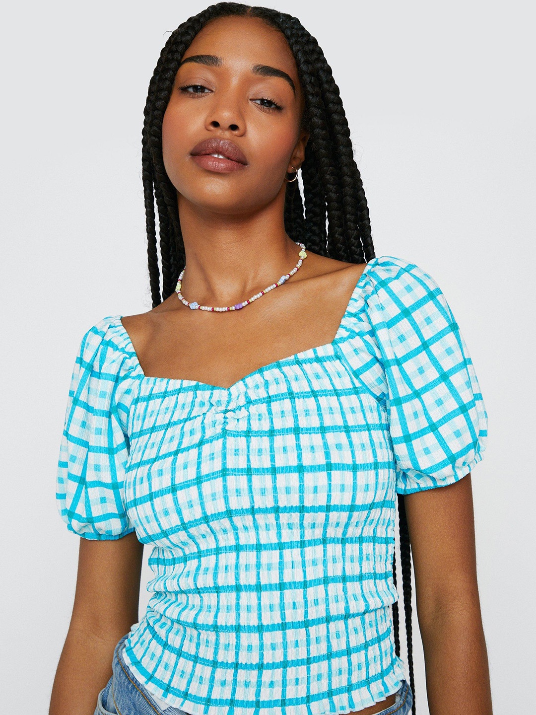 

NASTY GAL Geometric Design Sweetheart Neck Top, White