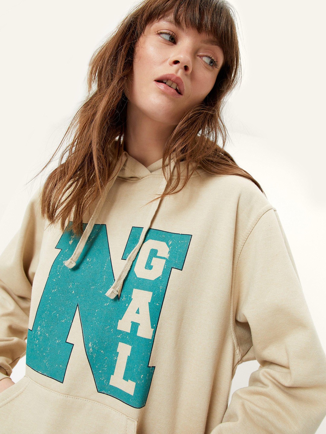 

NASTY GAL Women Printed Hooded Sweatshirt, Beige