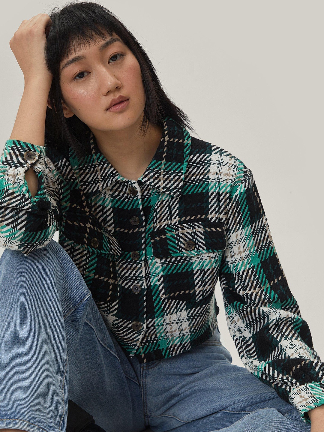 

NASTY GAL Women Tartan Checked Casual Shirt, Black