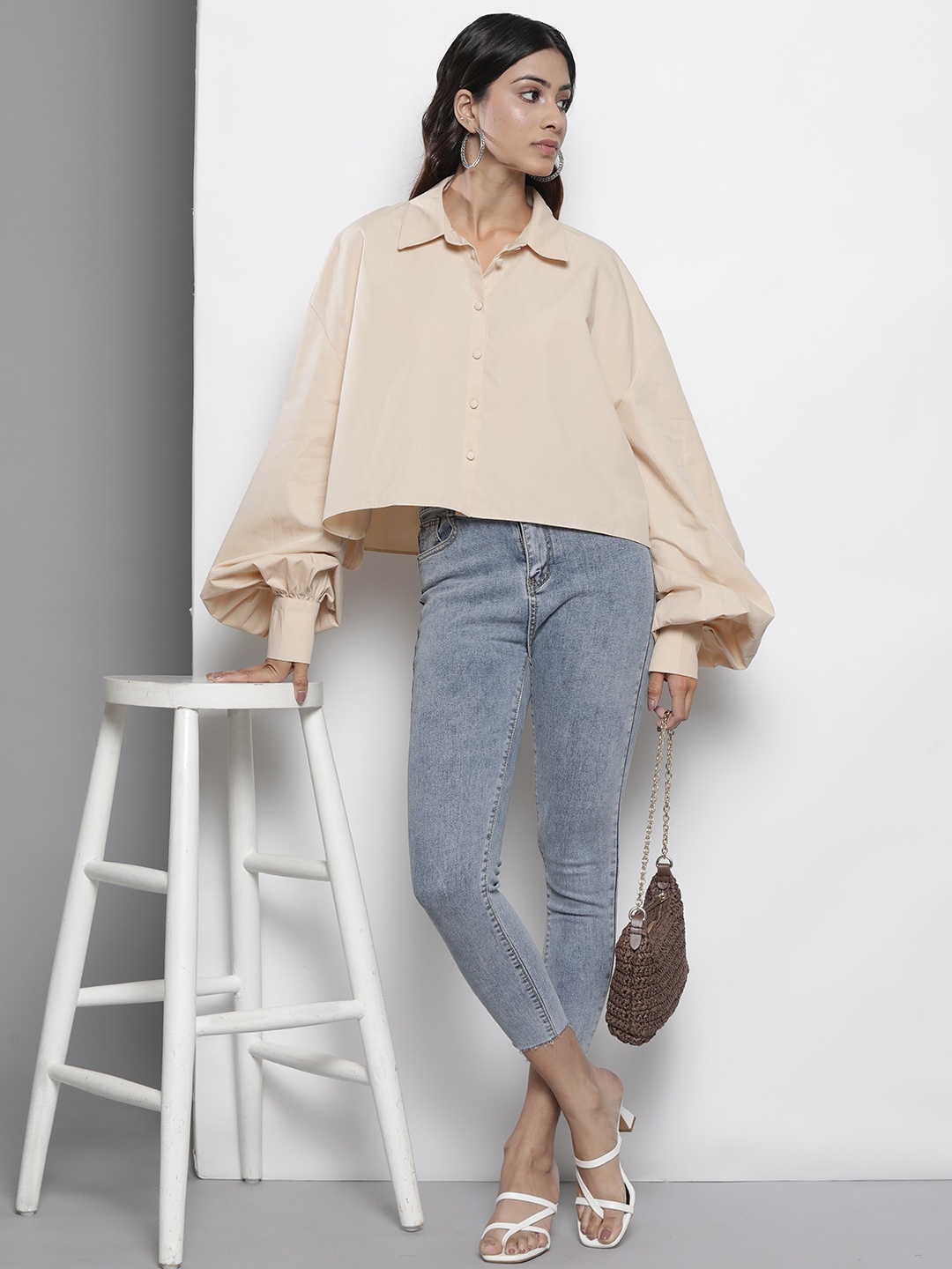

NASTY GAL Women Organic Cotton Cropped Button Down Shirt, Beige