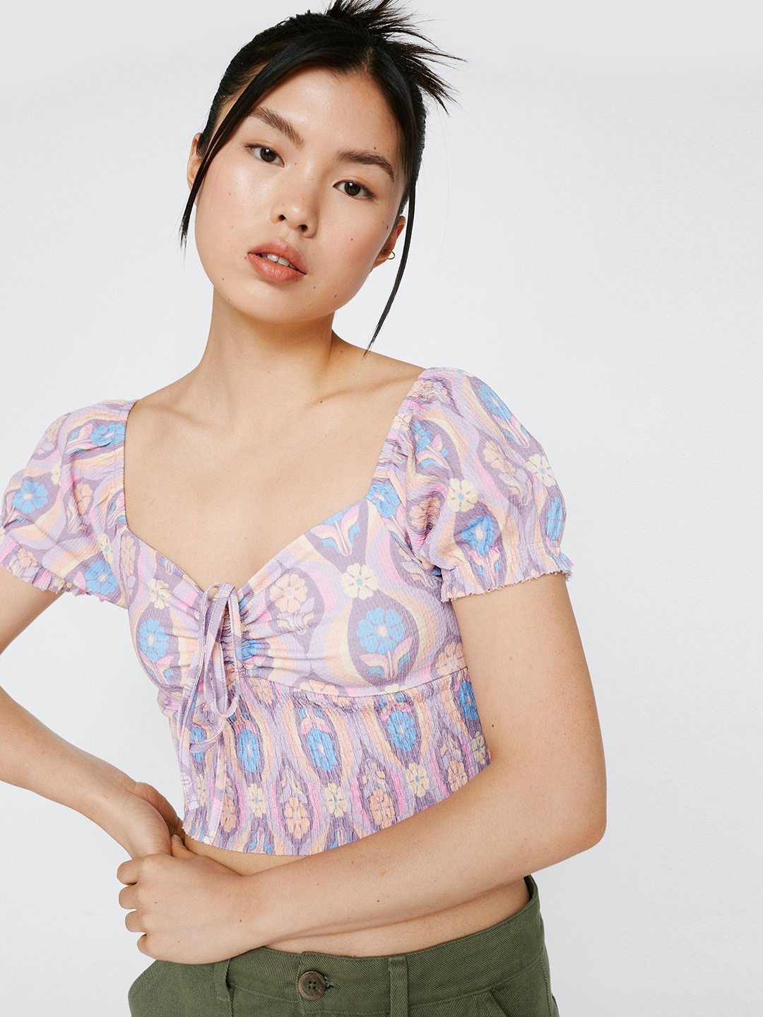 

NASTY GAL Floral Print Tie-Up Neck Crop Top, Lavender