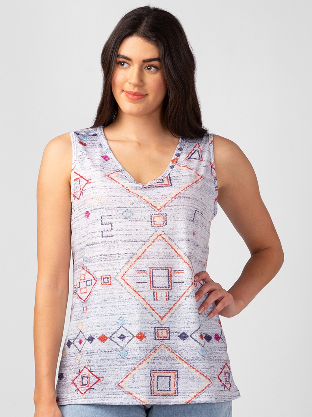 

BoStreet Geometric Print V-Neck Top, Grey