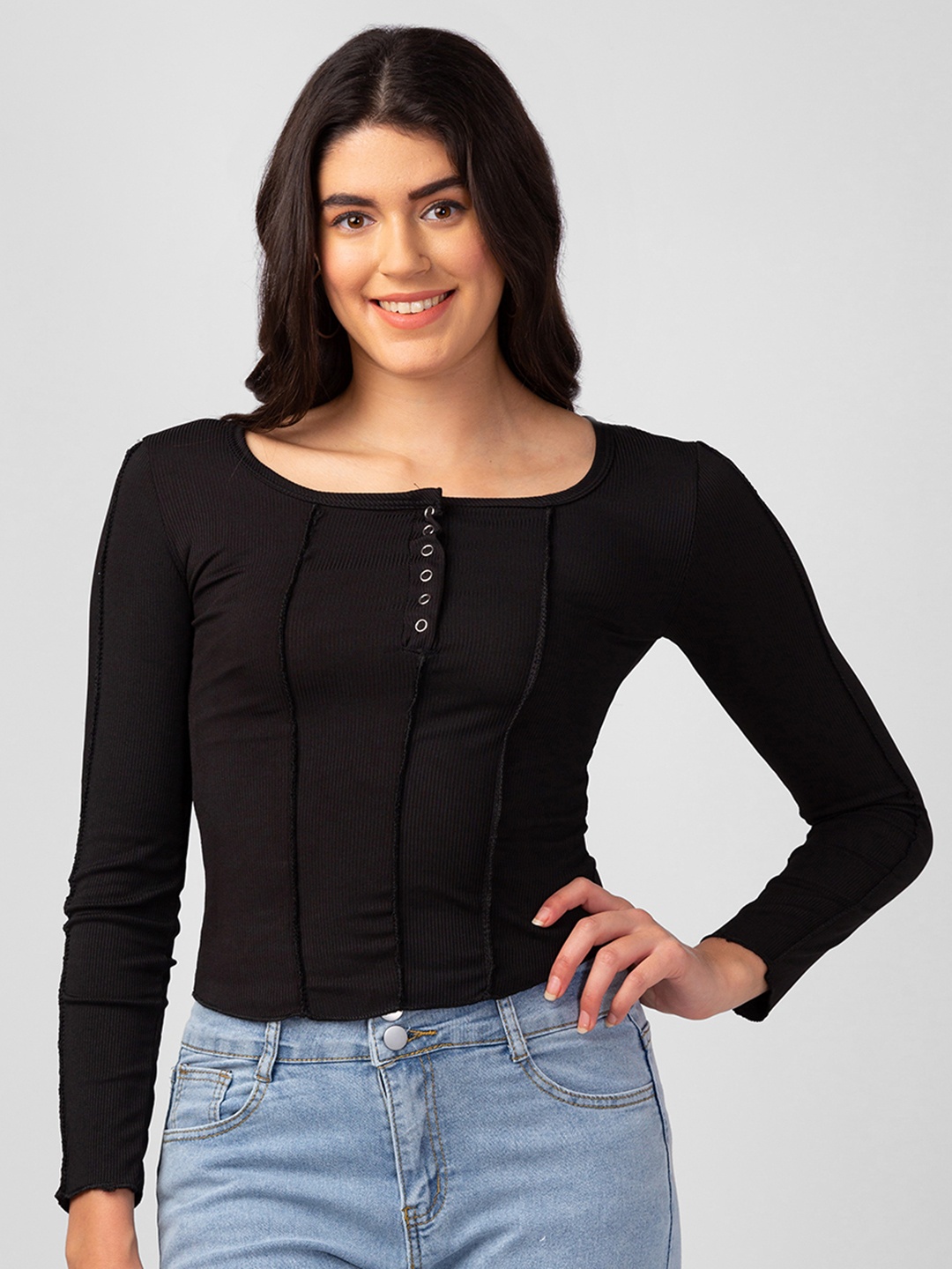 

BoStreet Fitted Square Neck Knits Crop top, Black