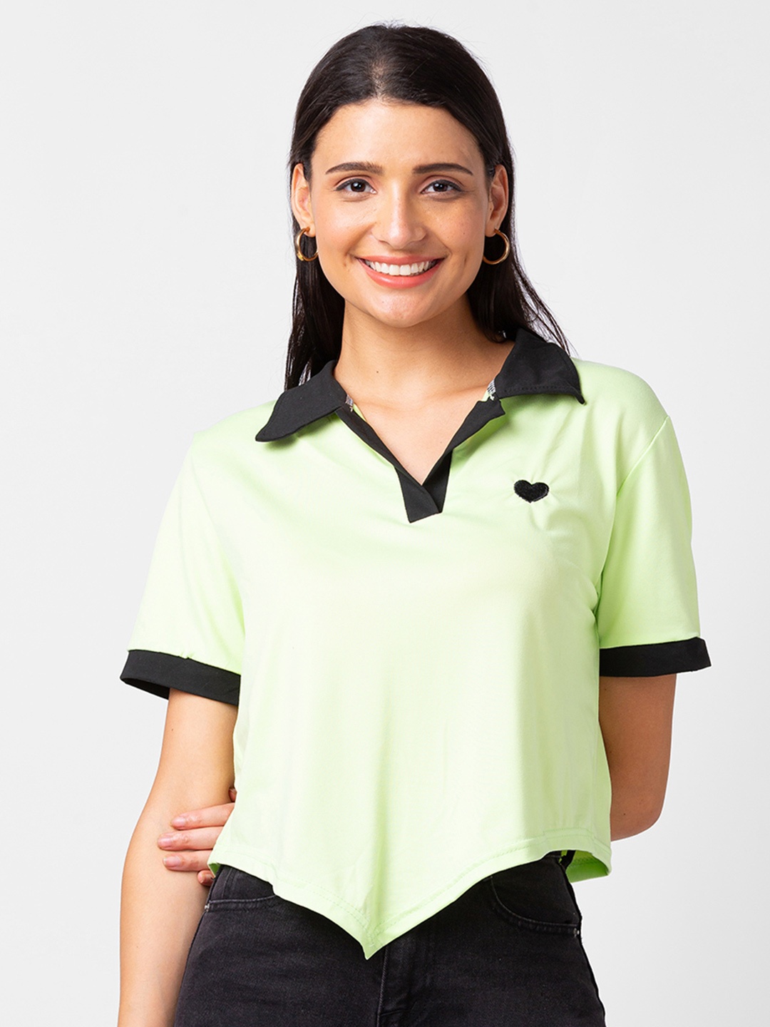 

BoStreet Polo Collar Asymmetric Crop Top, Green