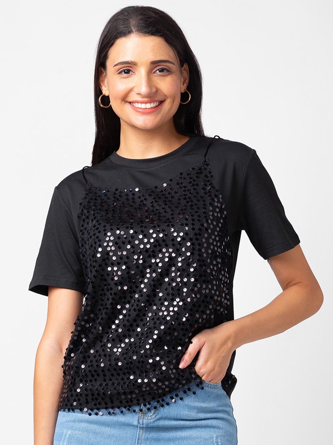 

BoStreet Round neck Embellished Top, Black