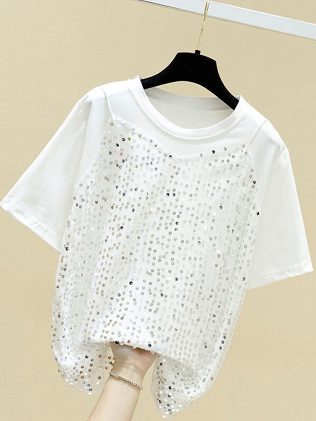 

StyleCast White Sequin Embellished Round Neck Top
