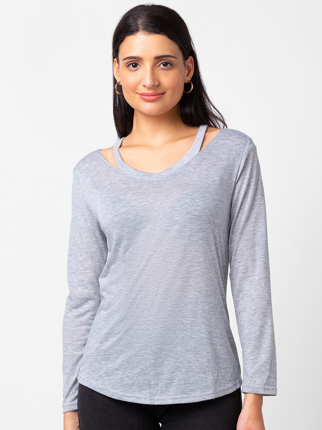 

BoStreet Scoop Neck Cotton Top, Grey melange