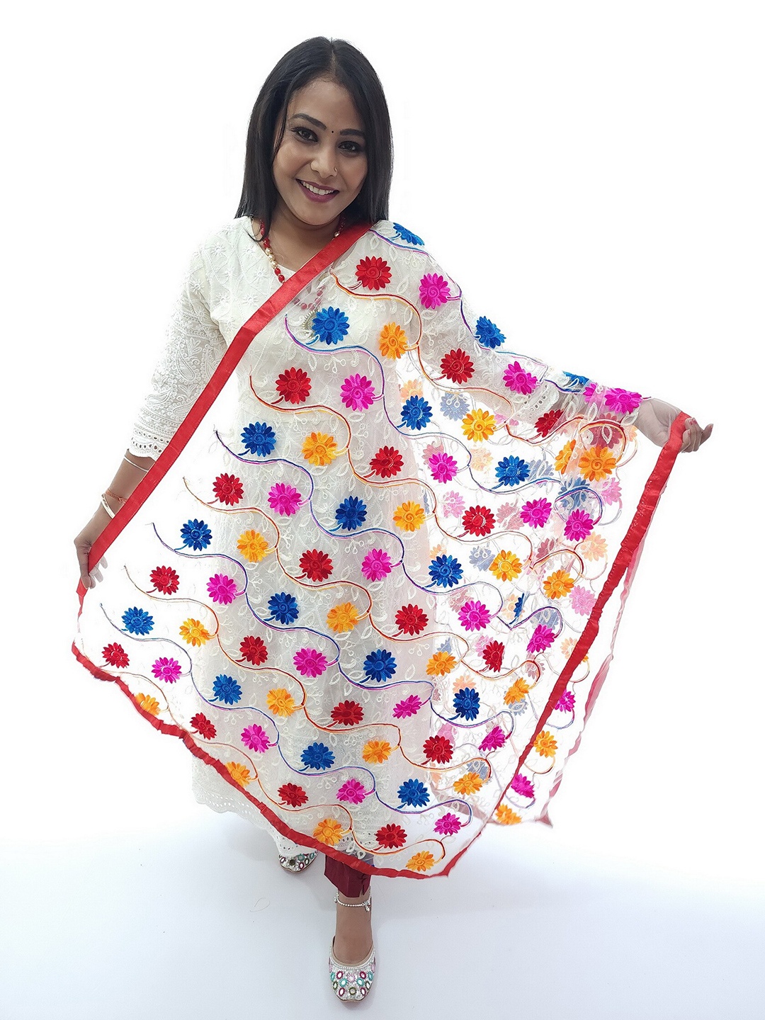 

Fulkari Embroidered Dupatta with Phulkari, White