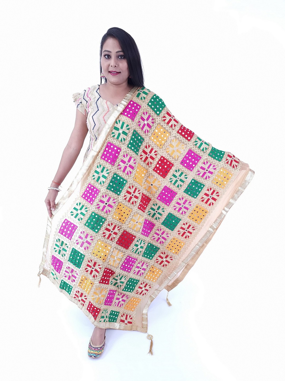

Fulkari Ethnic Motifs Embroidered Dupatta with Mirror Work, Gold