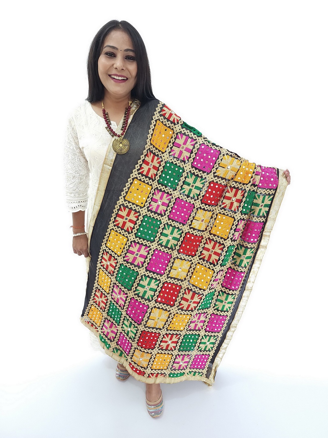 

Fulkari Embroidered Dupatta with Phulkari, Black
