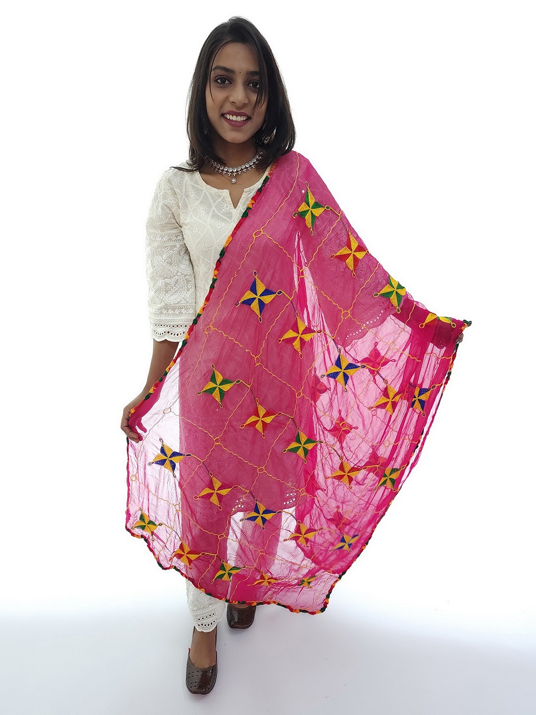 

Fulkari Embroidered Dupatta with Phulkari, Magenta