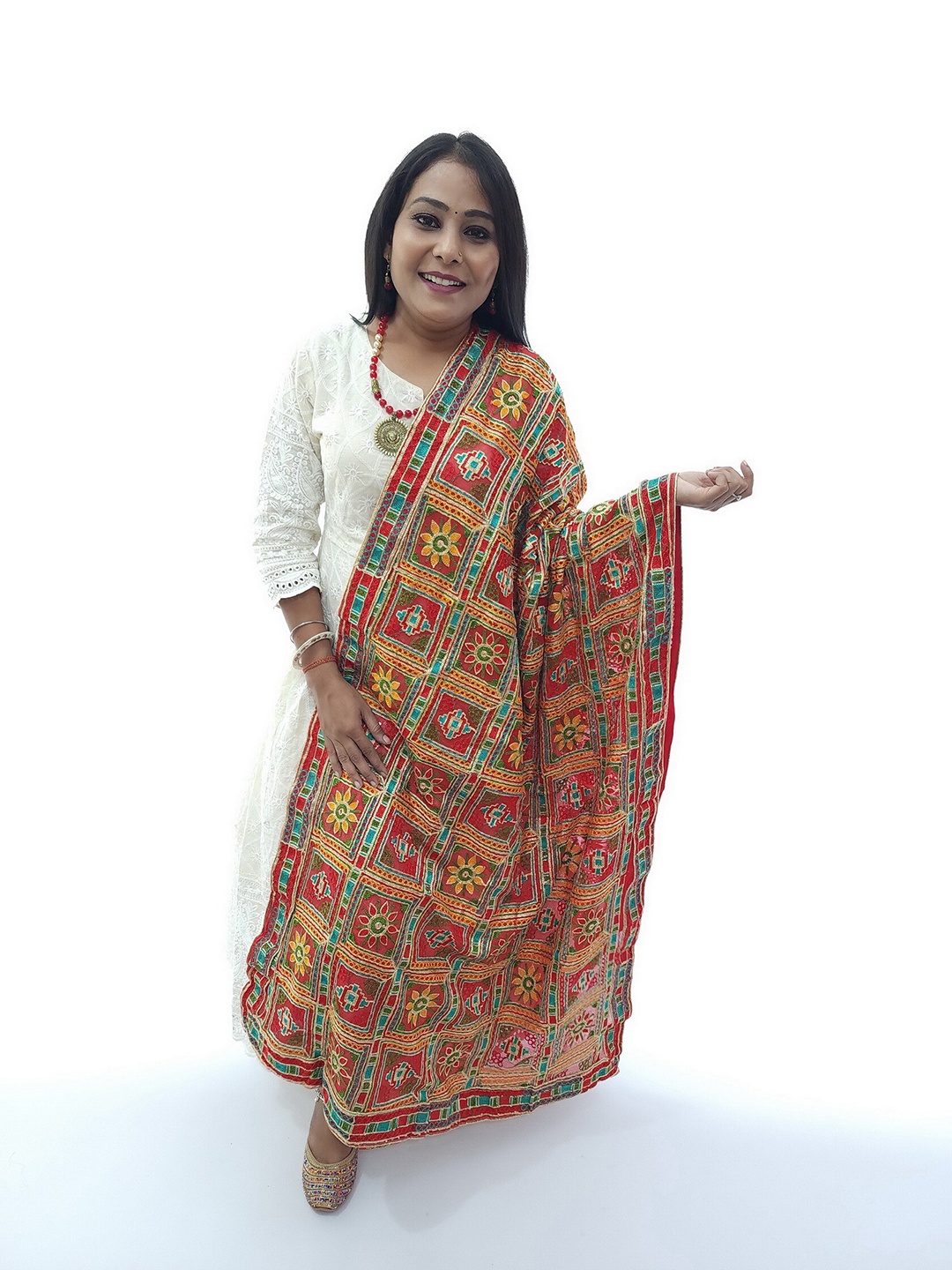 

Fulkari Embroidered Dupatta with Phulkari, Red