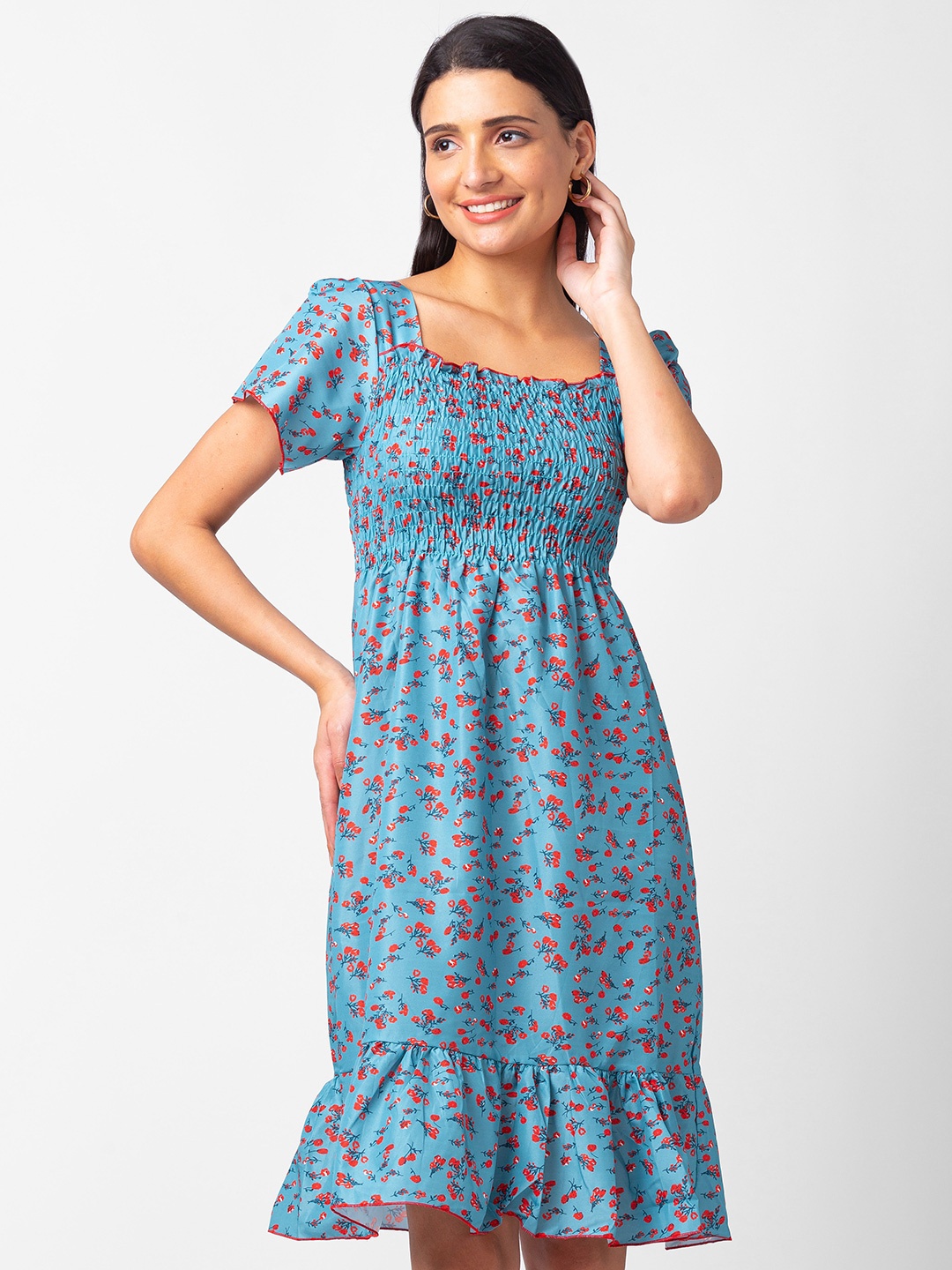 

BoStreet Floral Printed Square Neck Fit & Flare Maxi Dress, Blue