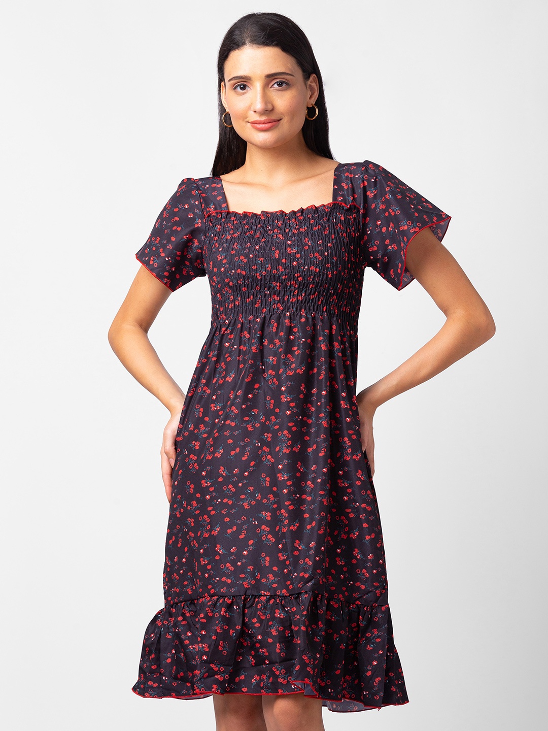 

BoStreet Floral Printed Square Neck Maxi Dress, Black