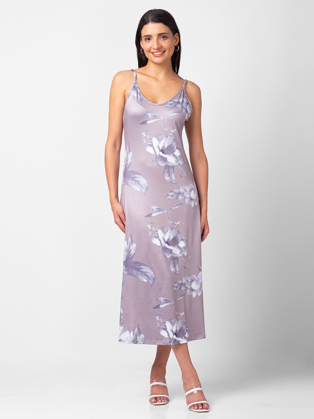 

BoStreet Floral Printed Round Neck A-Line Maxi Dress, Grey