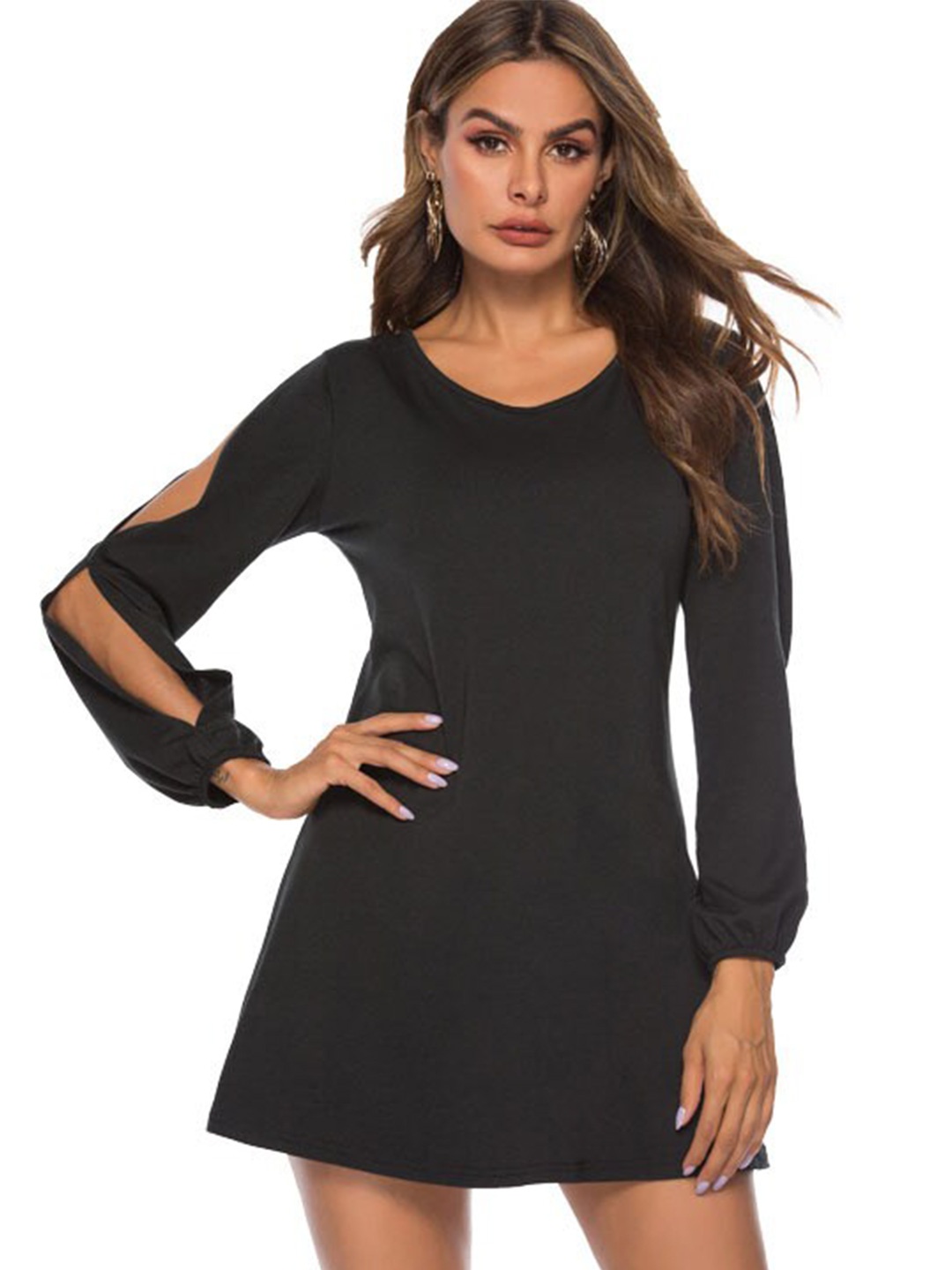 

BoStreet Solid Round Neck A-Line Mini Dress, Black