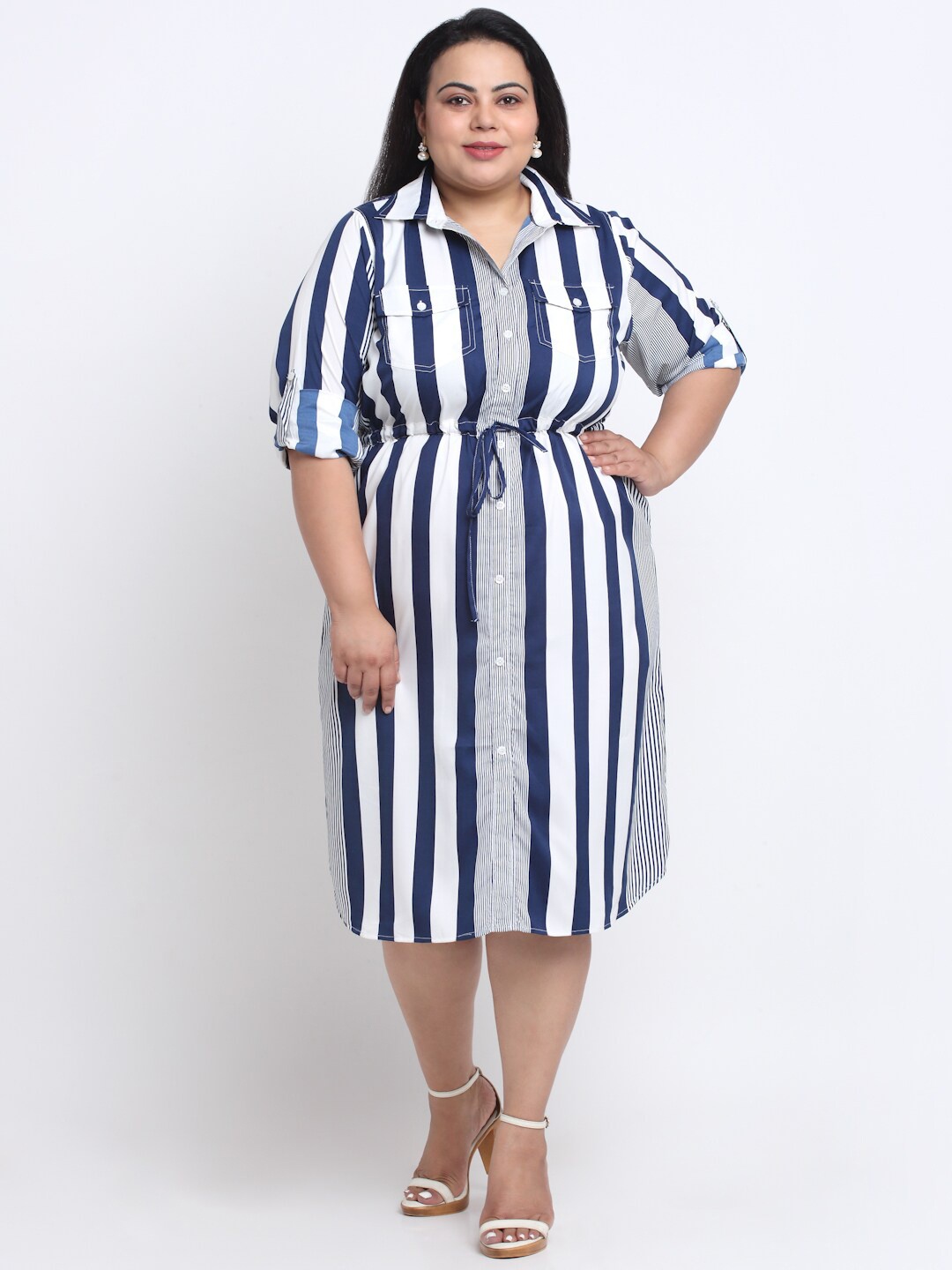 

sindrellastorie Women Plus Size Striped Crepe A-Line Dress, White