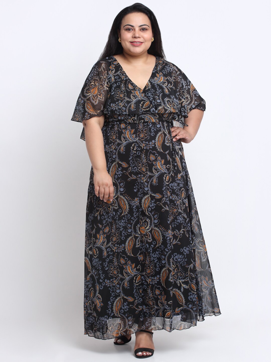 

sindrellastorie Women Plus Size Ethnic Motifs Georgette Maxi Maxi Dress, Black