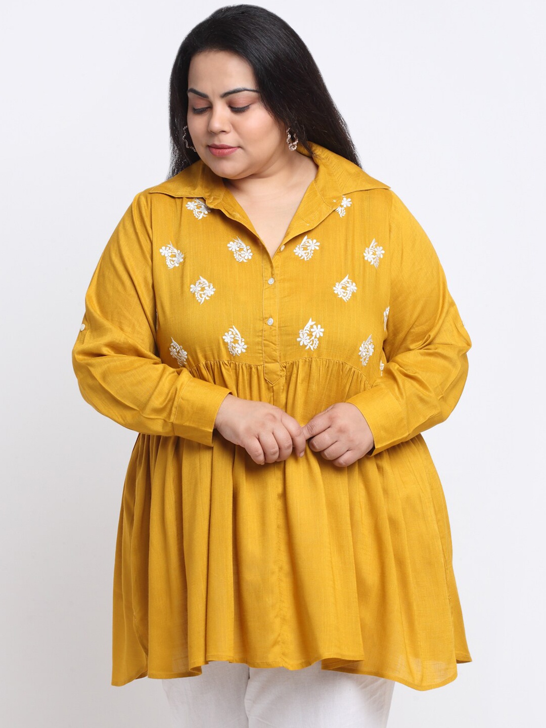 

sindrellastorie Cotton Floral Print Plus Size Empire Longline Top, Mustard