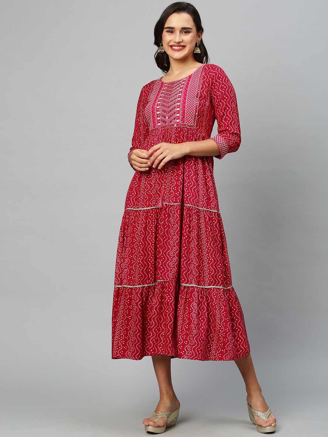 

INDYES Bandhani Printed Tiering Anarkali Kurta, Pink