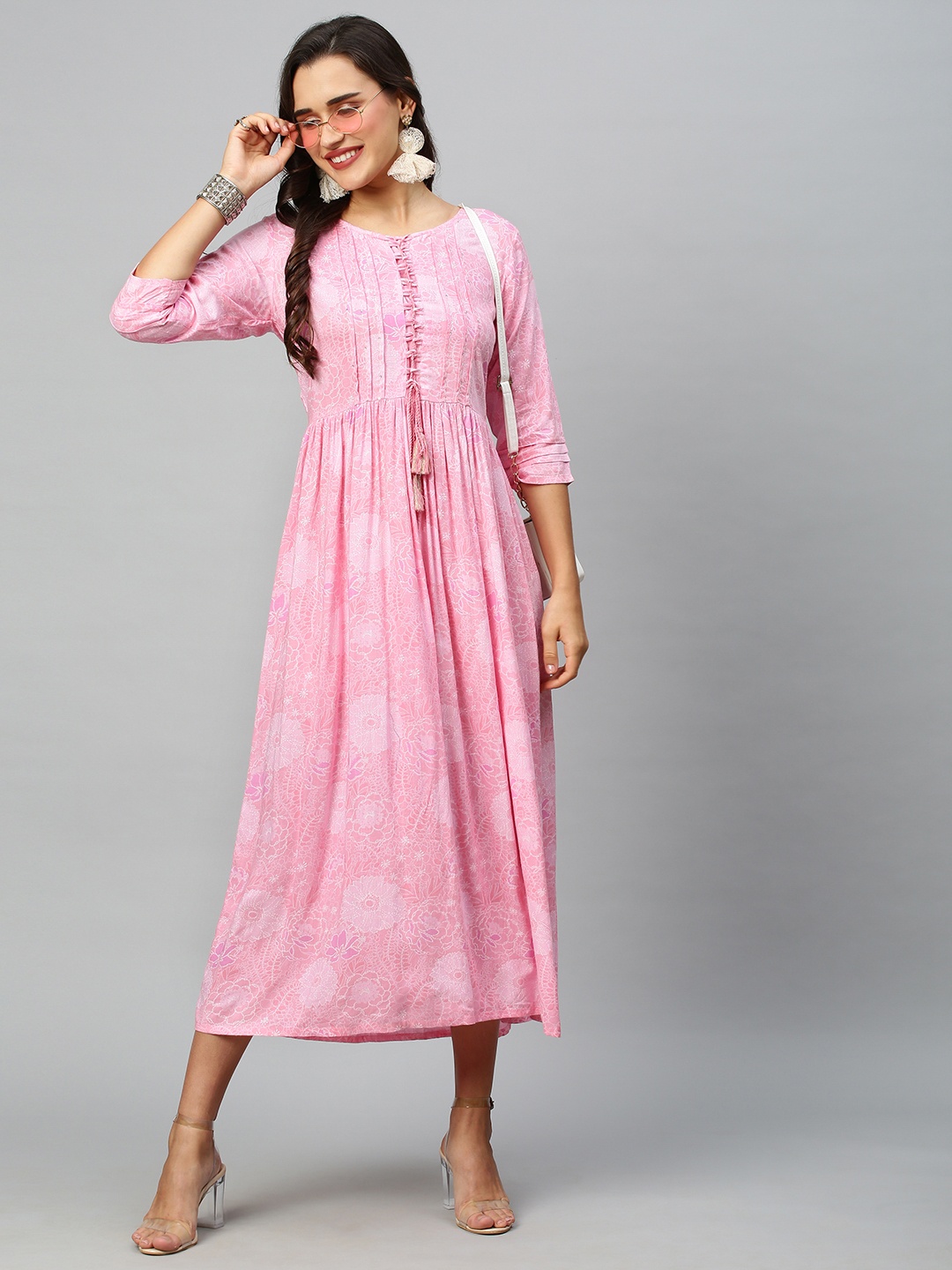 

INDYES Floral Printed Anarkali Regular Fit Cotton Kurta, Pink
