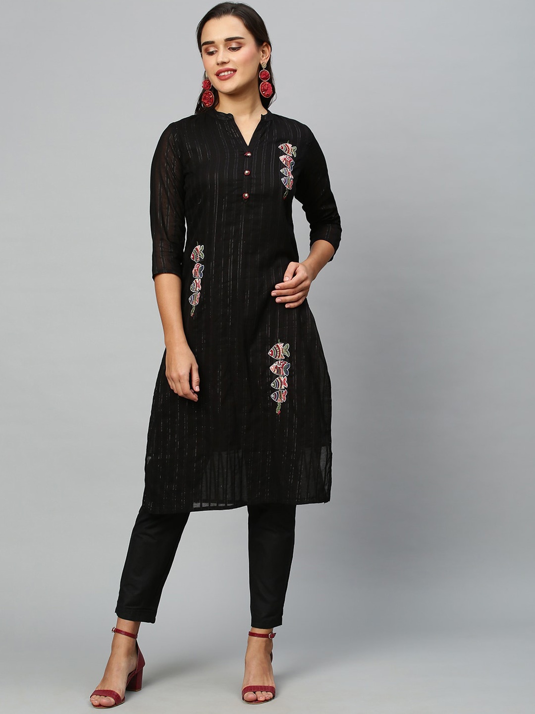 

INDYES Embroidered Beads and Stones Pure Cotton Kurta with Trousers, Black