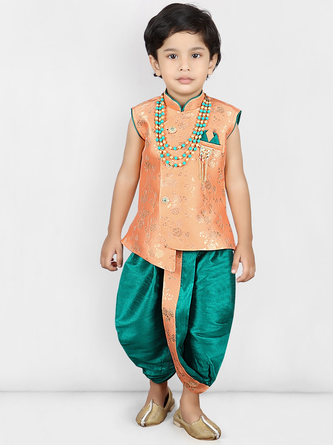 

KIDS FARM Boys Floral Kurta Dhoti Set & Mala, Peach