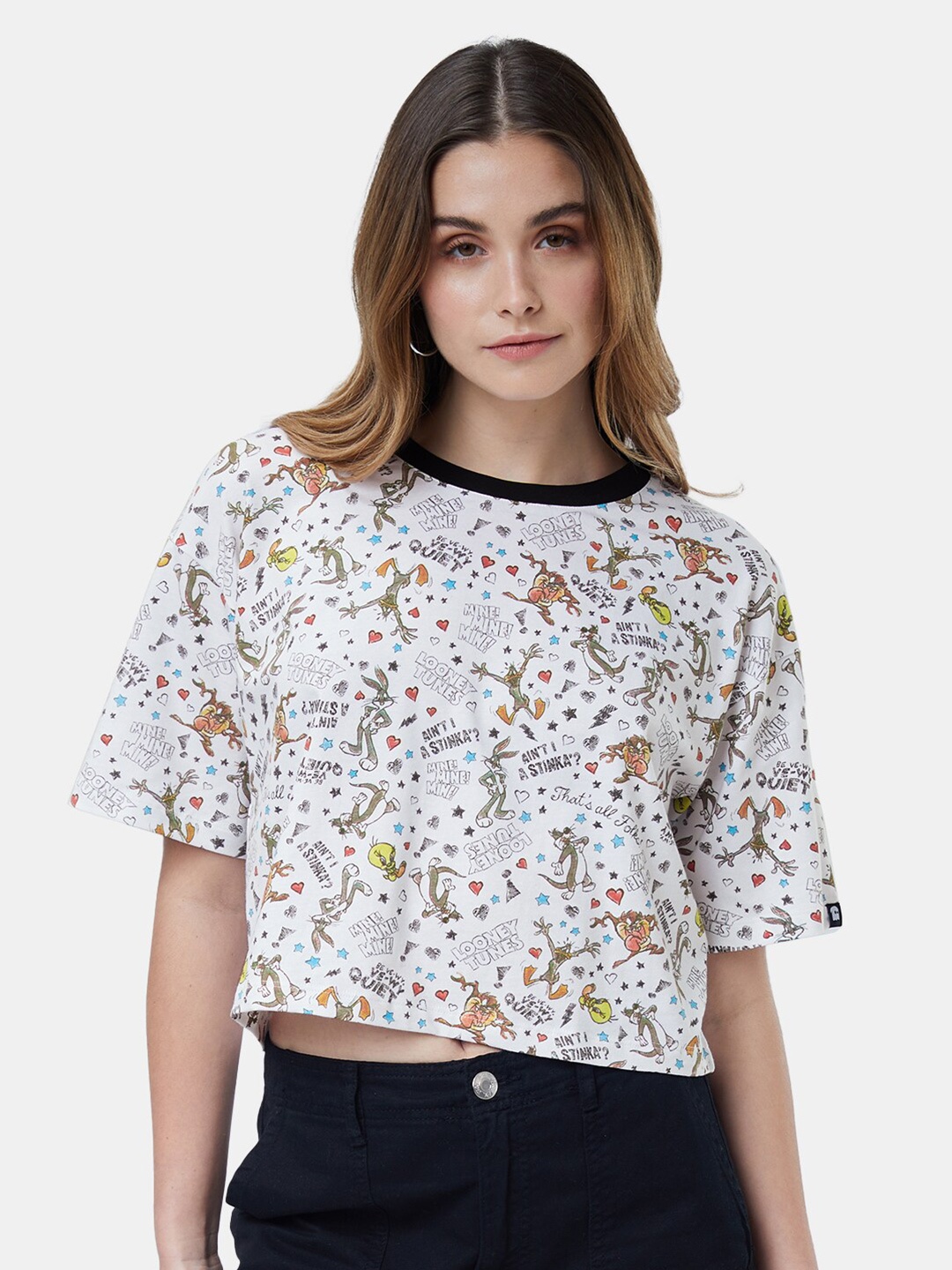 The Souled Store Women White Cotton Floral Printed Oversized T-shirt