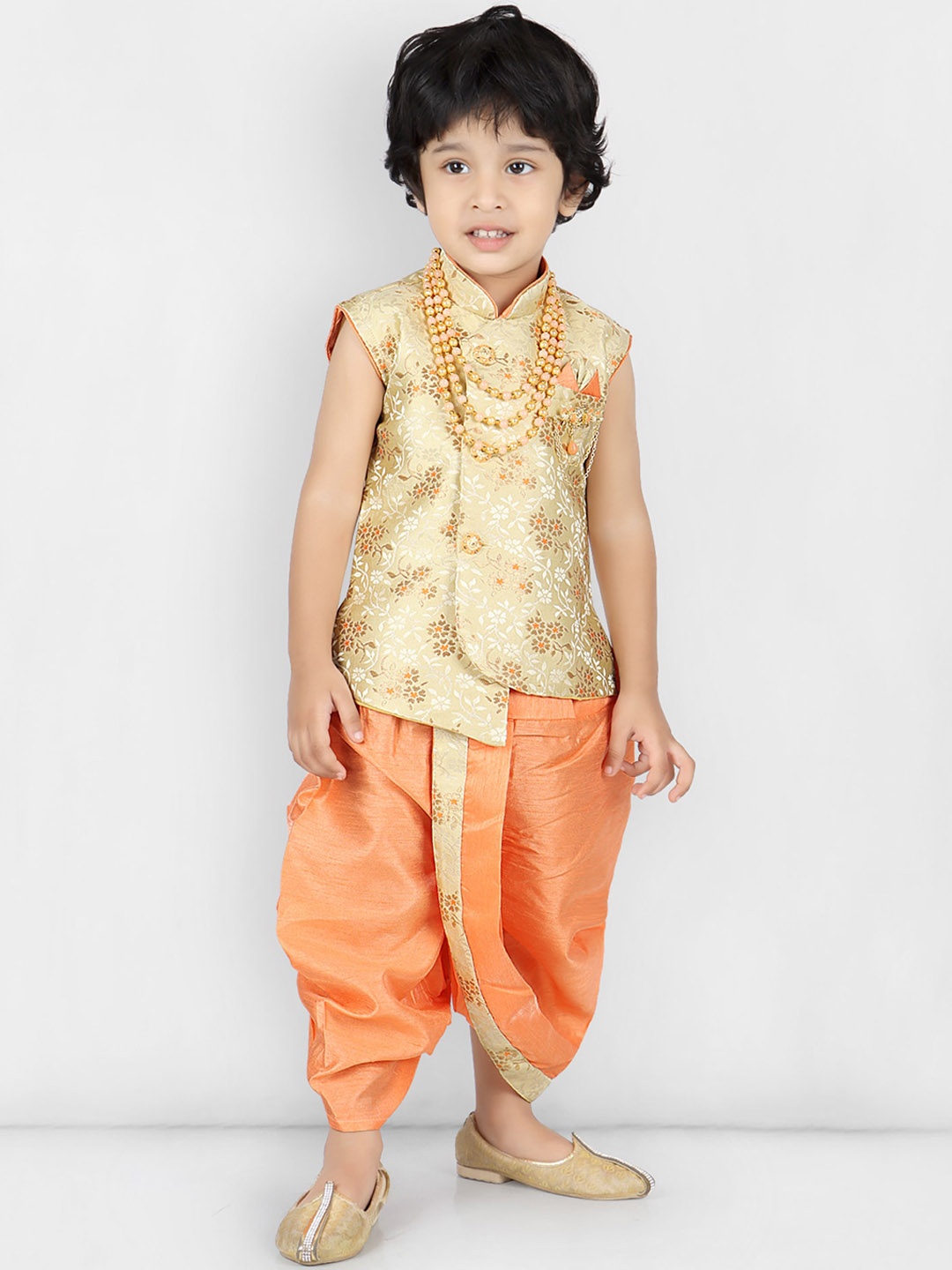 

KIDS FARM Floral Kurta Dhoti Set With a Mala, Orange