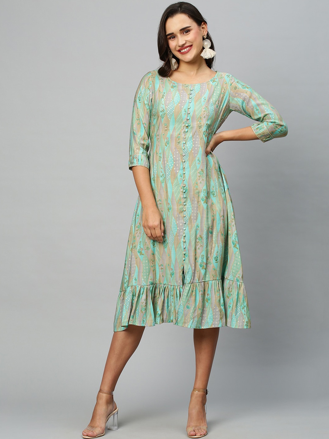 

INDYES Women Printed Cotton A-line Ethnic Dresses, Green