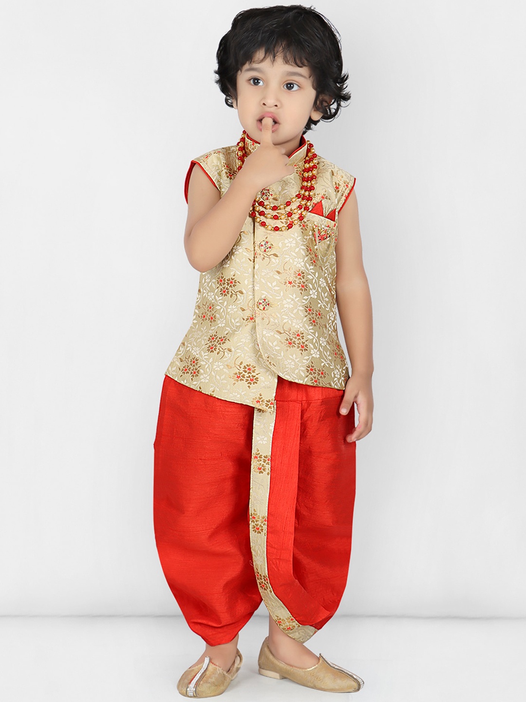 

KIDS FARM Floral Kurta Dhoti Set With a Mala, Red