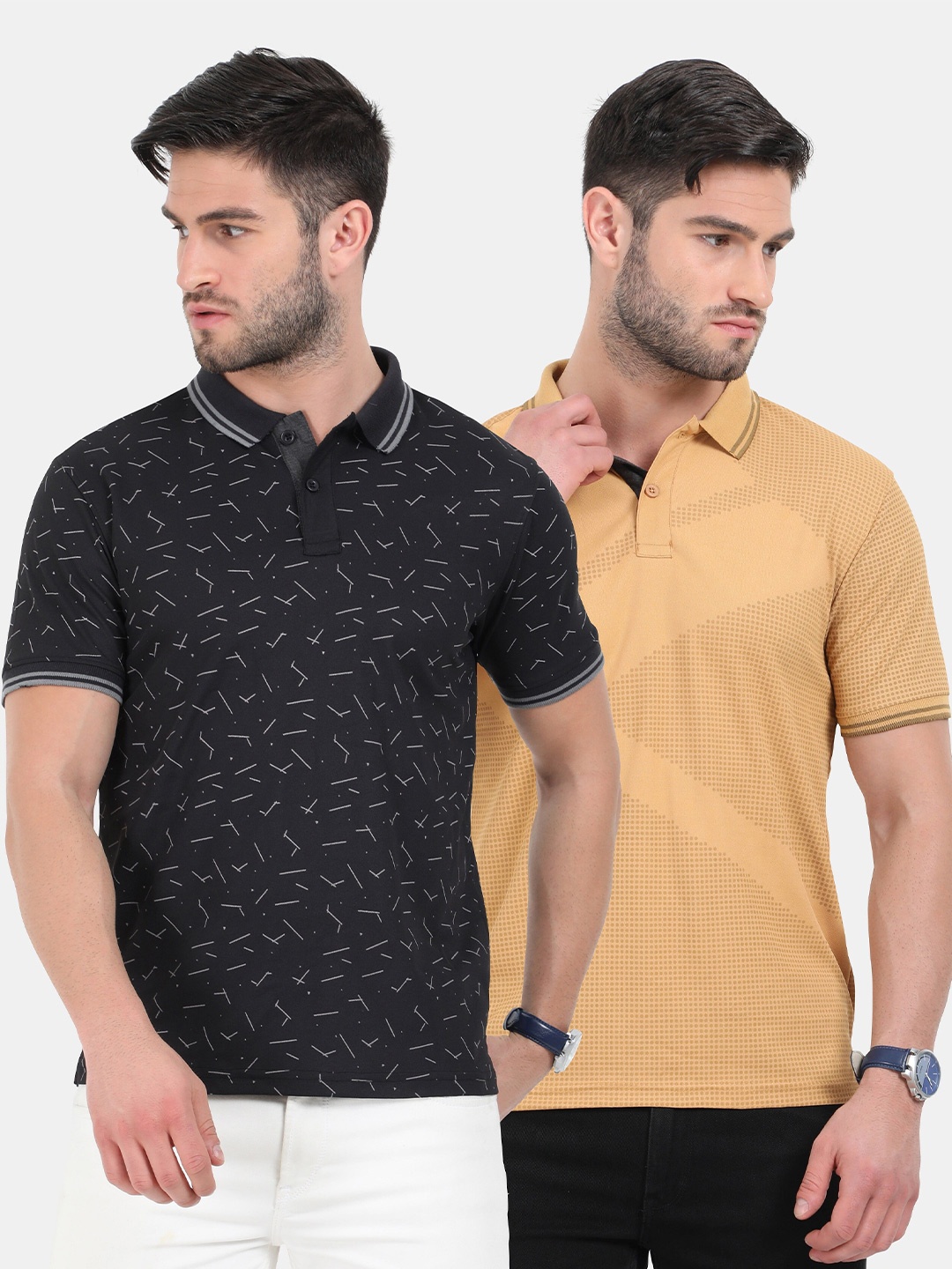 

ARDEUR Men Pack Of 2 Printed Polo Collar Sport Dropdown T-shirts, Black