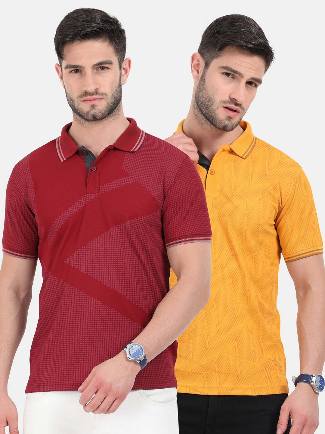 

ARDEUR Men Pack Of 2 Printed Polo Collar Slim Fit T-shirt, Maroon