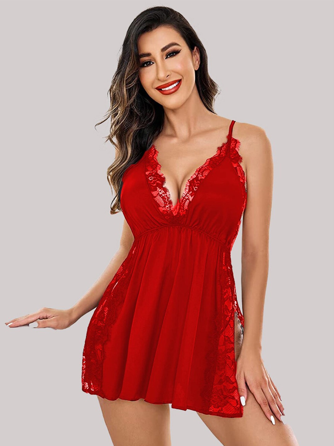 

Herryqeal Self Design Satin Baby Doll, Red