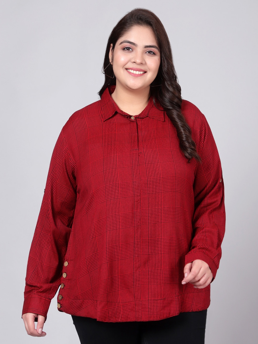 

Indietoga Women Plus Size Checkered Rayon Shirt, Red