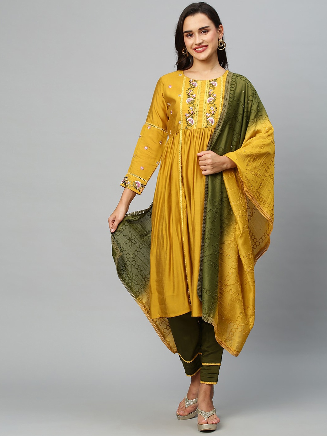 

INDYES Floral Embroidered Thread Work Kurta with Trousers & With Dupatta, Mustard