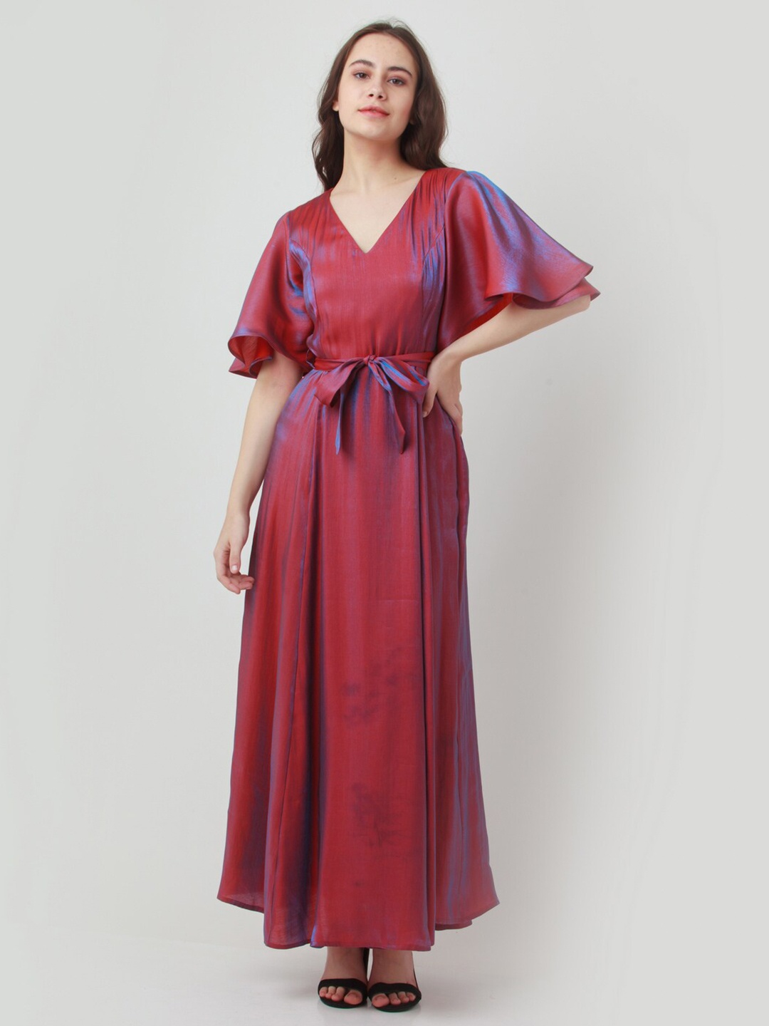 

Zink London Flared Sleeves Tie-Up Maxi Dress, Red