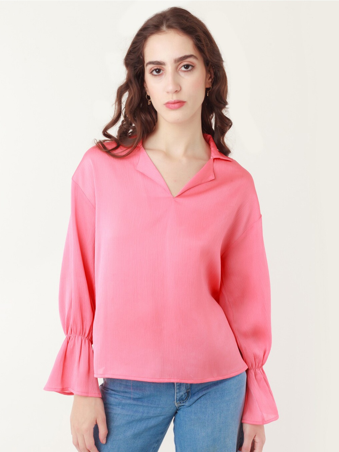 

Zink London Bell Sleeve V-Neck Top, Pink