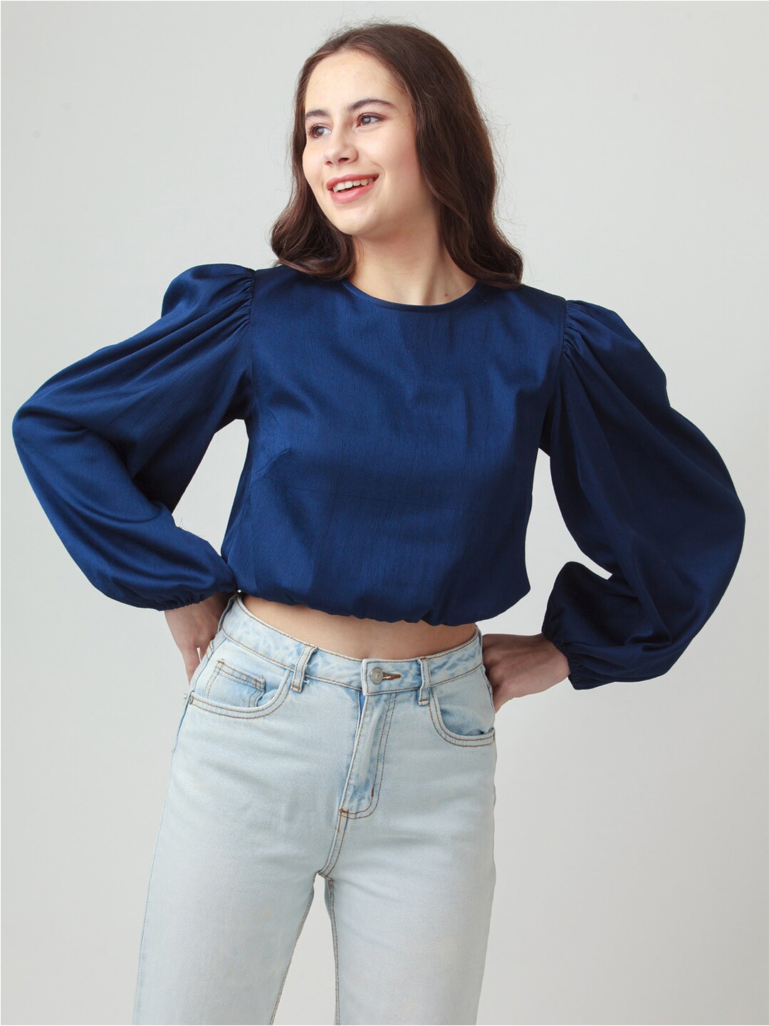 

Zink London Puff Sleeve Blouson Crop Top, Blue