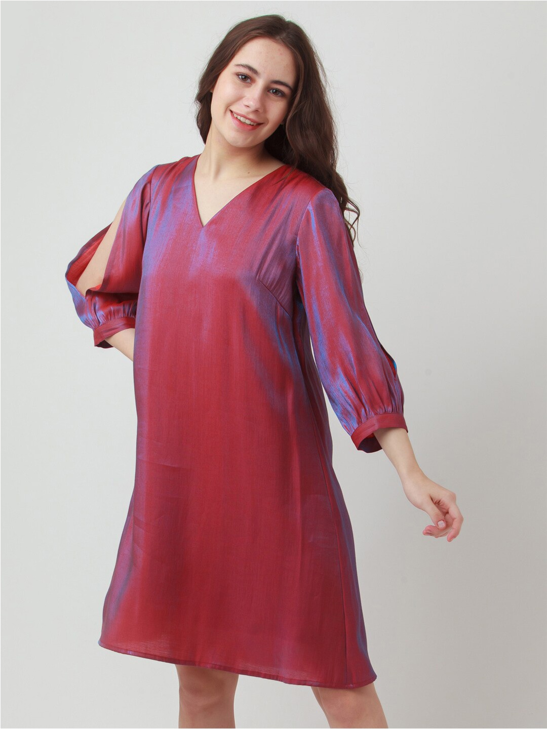 

Zink London Duochrome Finish Slit Sleeves A-Line Dress, Red
