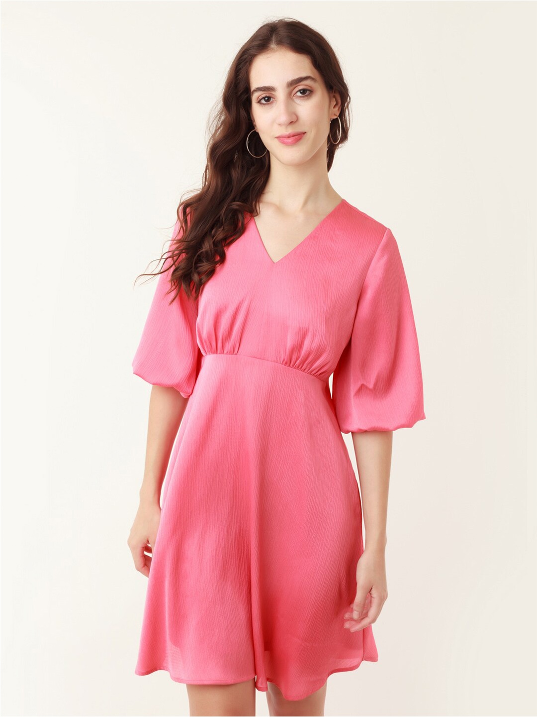 

Zink London Puff Sleeves A-Line Dress, Coral