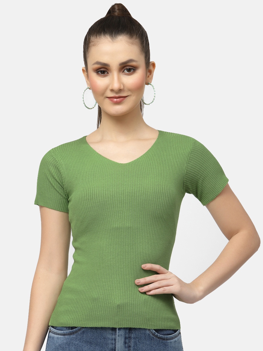 

HSR Women V-Neck Ribbed Top, Green