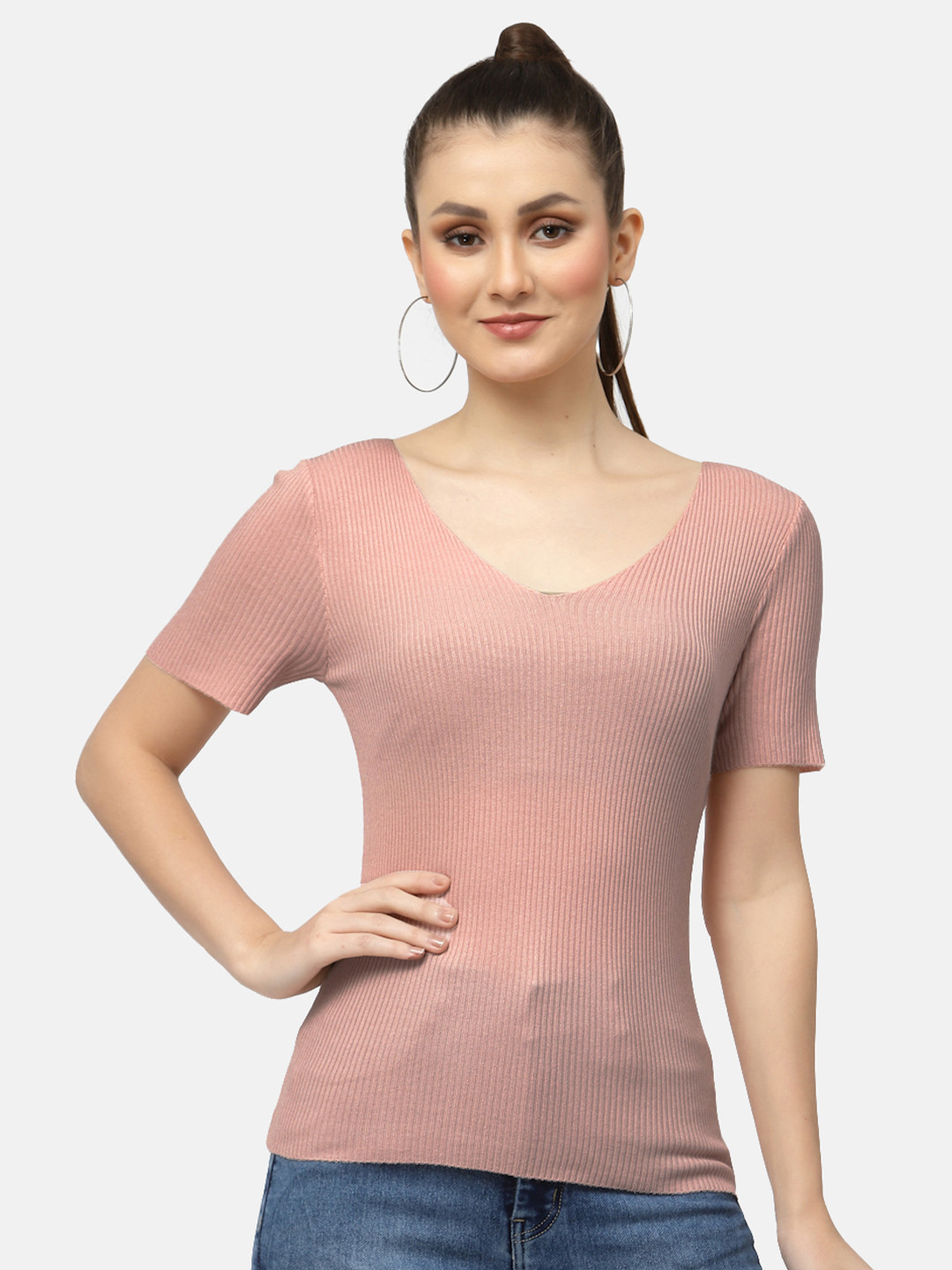 

HSR Women V-Neck Ribbed Top, Pink