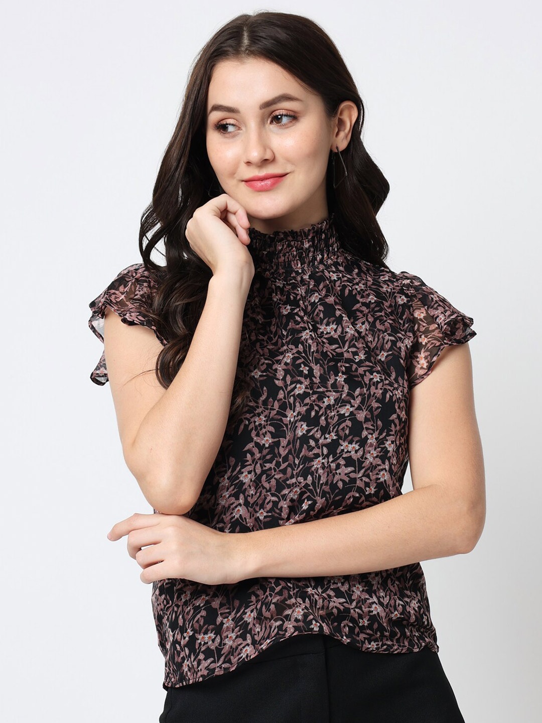 

CHARMGAL Floral Print Chiffon Top, Black