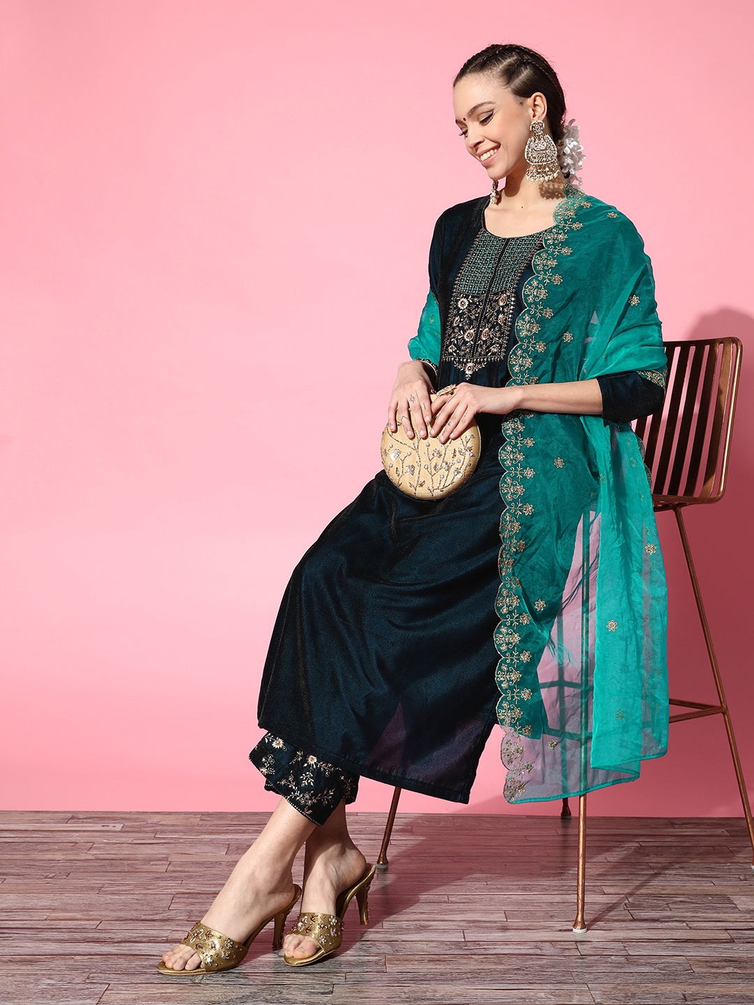 

Kvsfab Women Velvet Zari Sequence Embroidered Straight Kurta Pant with Organza Dupatta, Teal
